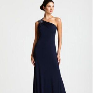 David Meister One Shoulder Blue Jeweled Sheath Gown, Size 12 New With Tags